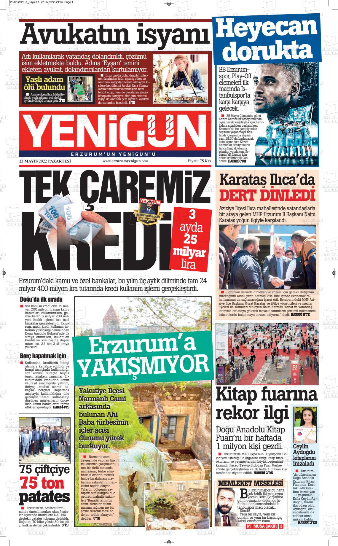 Erzurum Yenigün Gazete Manşeti