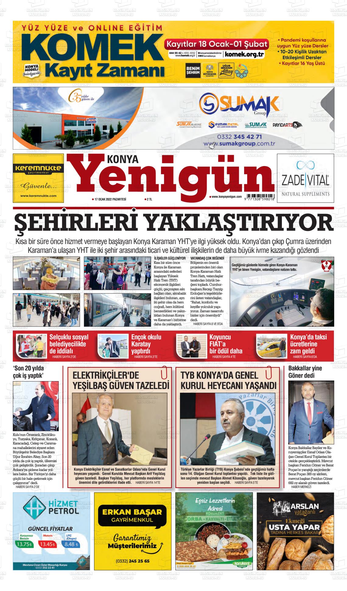 Konya YeniGün Gazete Manşeti