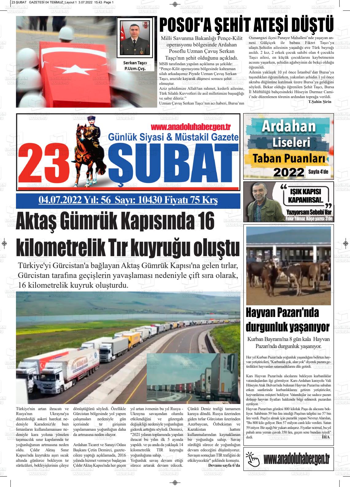 04 Temmuz 2022 23 Şubat Gazete Manşeti