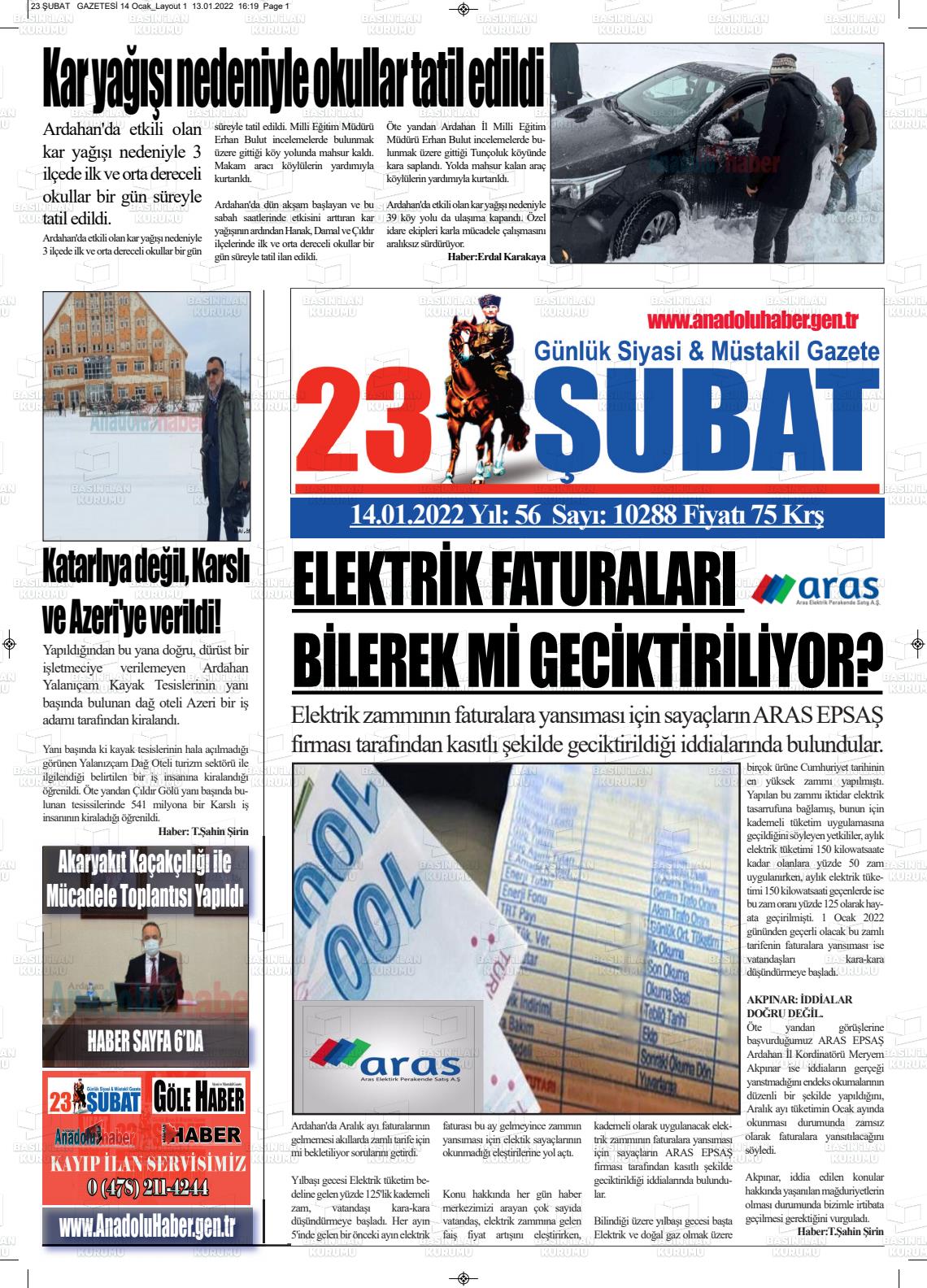 14 Ocak 2022 23 Şubat Gazete Manşeti
