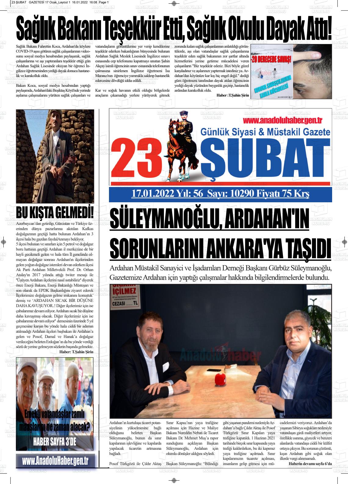 17 Ocak 2022 23 Şubat Gazete Manşeti