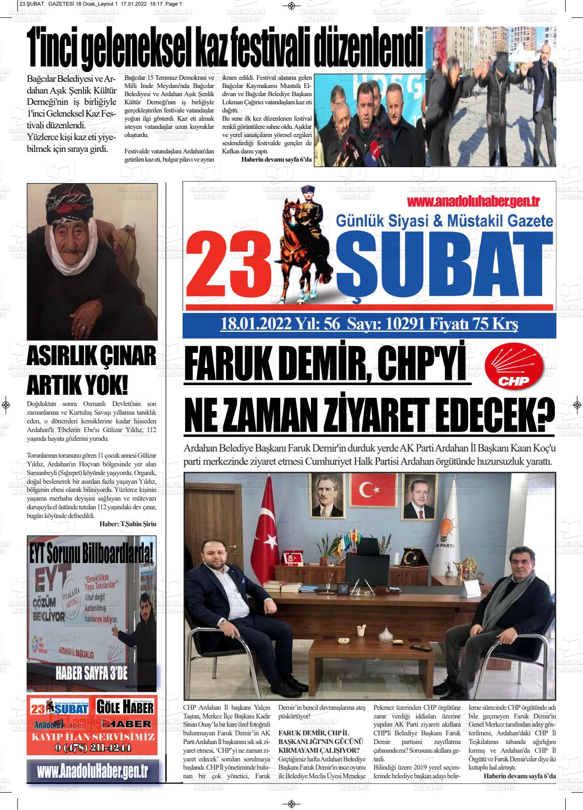 18 Ocak 2022 23 Şubat Gazete Manşeti