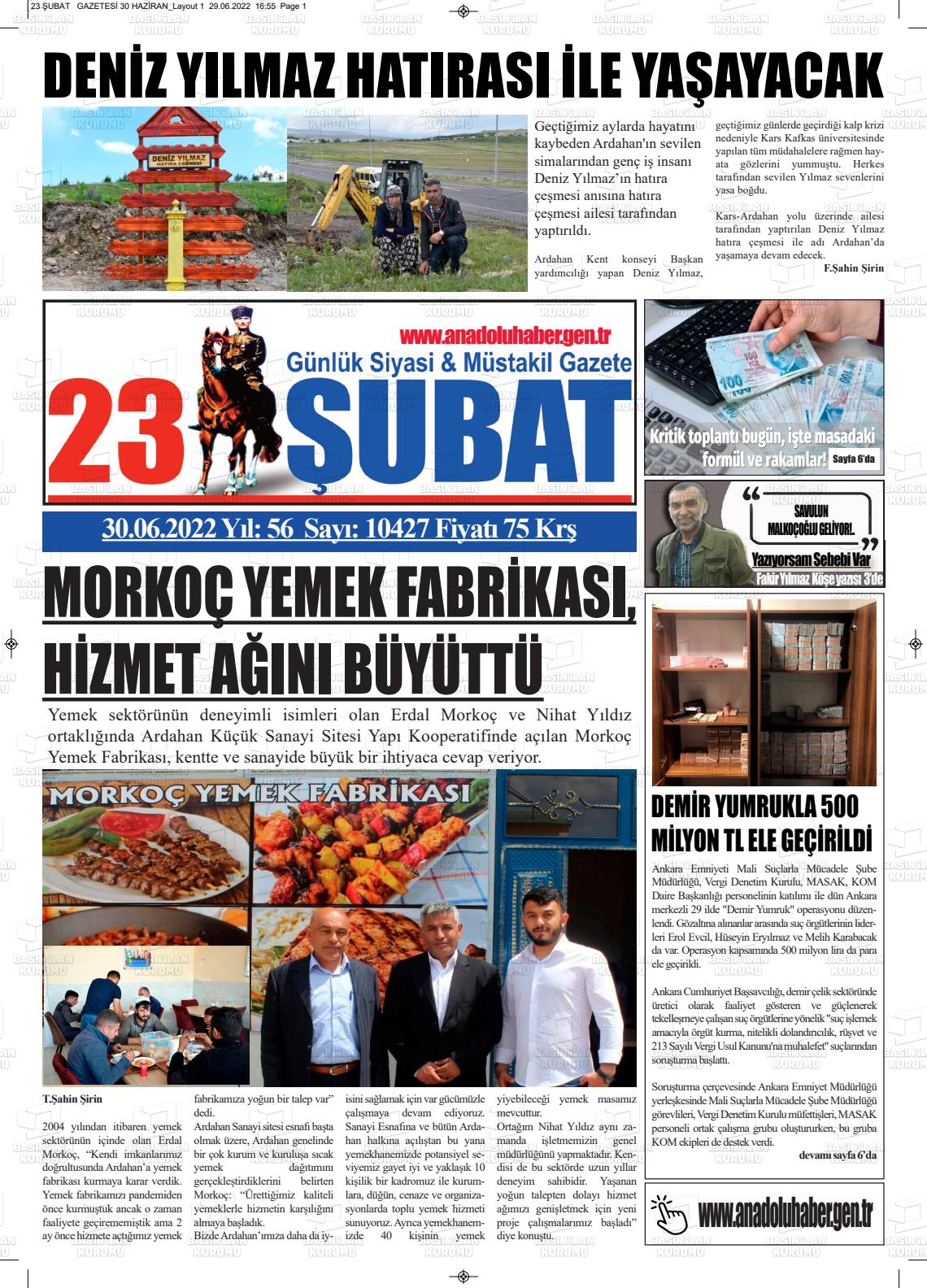 01 Temmuz 2022 23 Şubat Gazete Manşeti