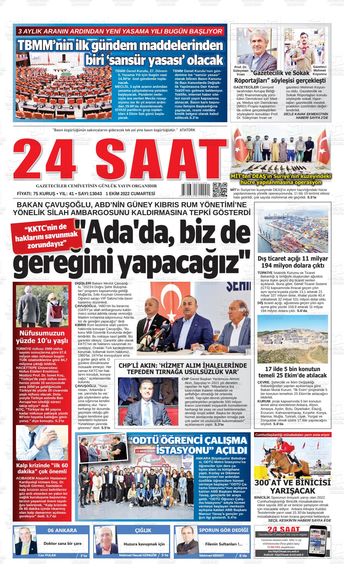 01 Ekim 2022 24 Saat Gazete Manşeti