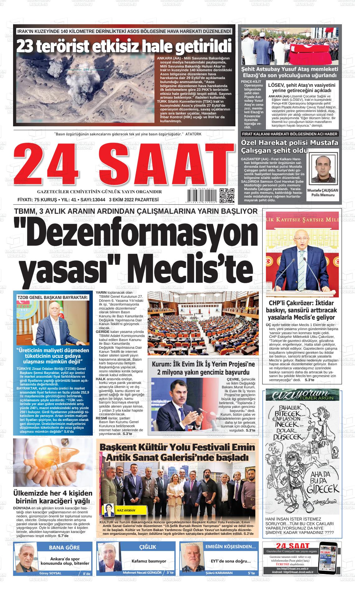 03 Ekim 2022 24 Saat Gazete Manşeti