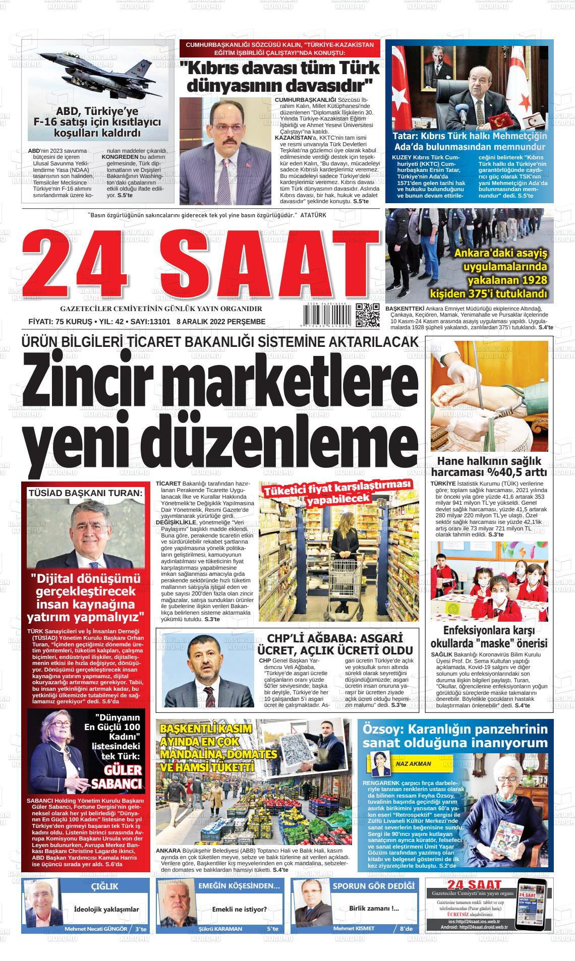 08 Aralık 2022 24 Saat Gazete Manşeti