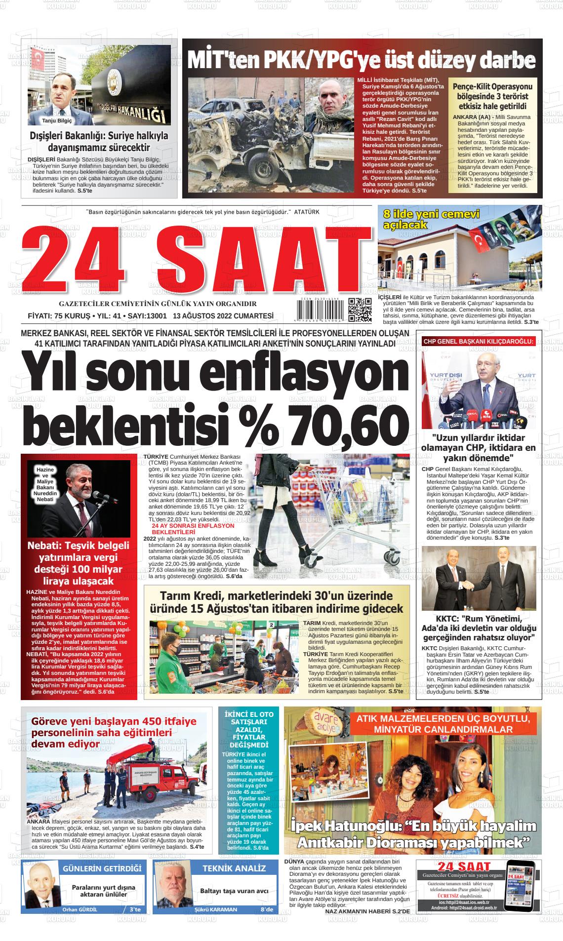 13 Ağustos 2022 24 Saat Gazete Manşeti