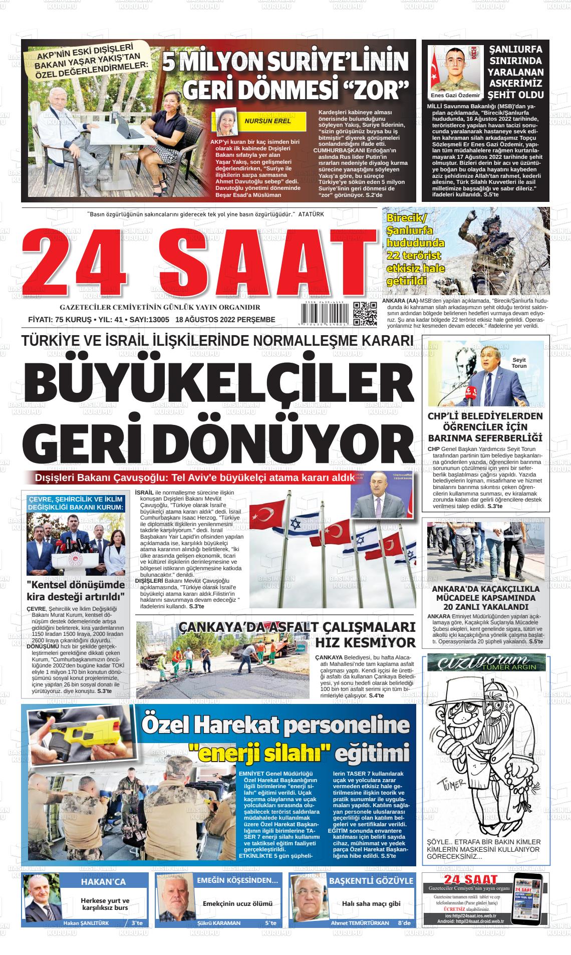 18 Ağustos 2022 24 Saat Gazete Manşeti