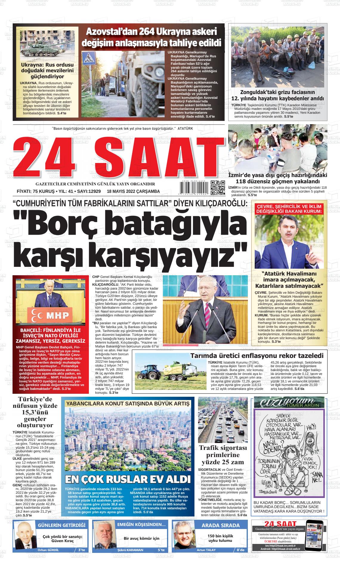 18 Mayıs 2022 24 Saat Gazete Manşeti