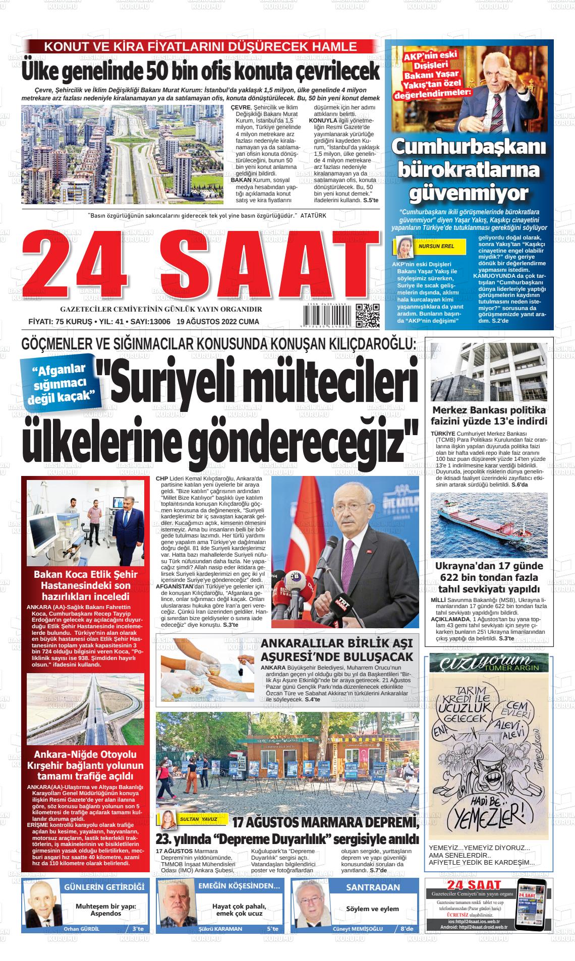 19 Ağustos 2022 24 Saat Gazete Manşeti
