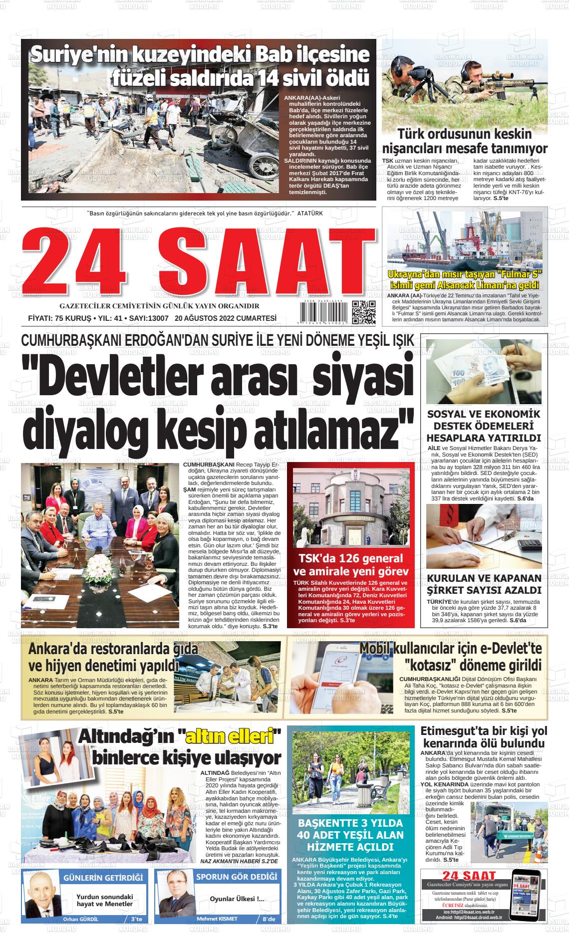 20 Ağustos 2022 24 Saat Gazete Manşeti