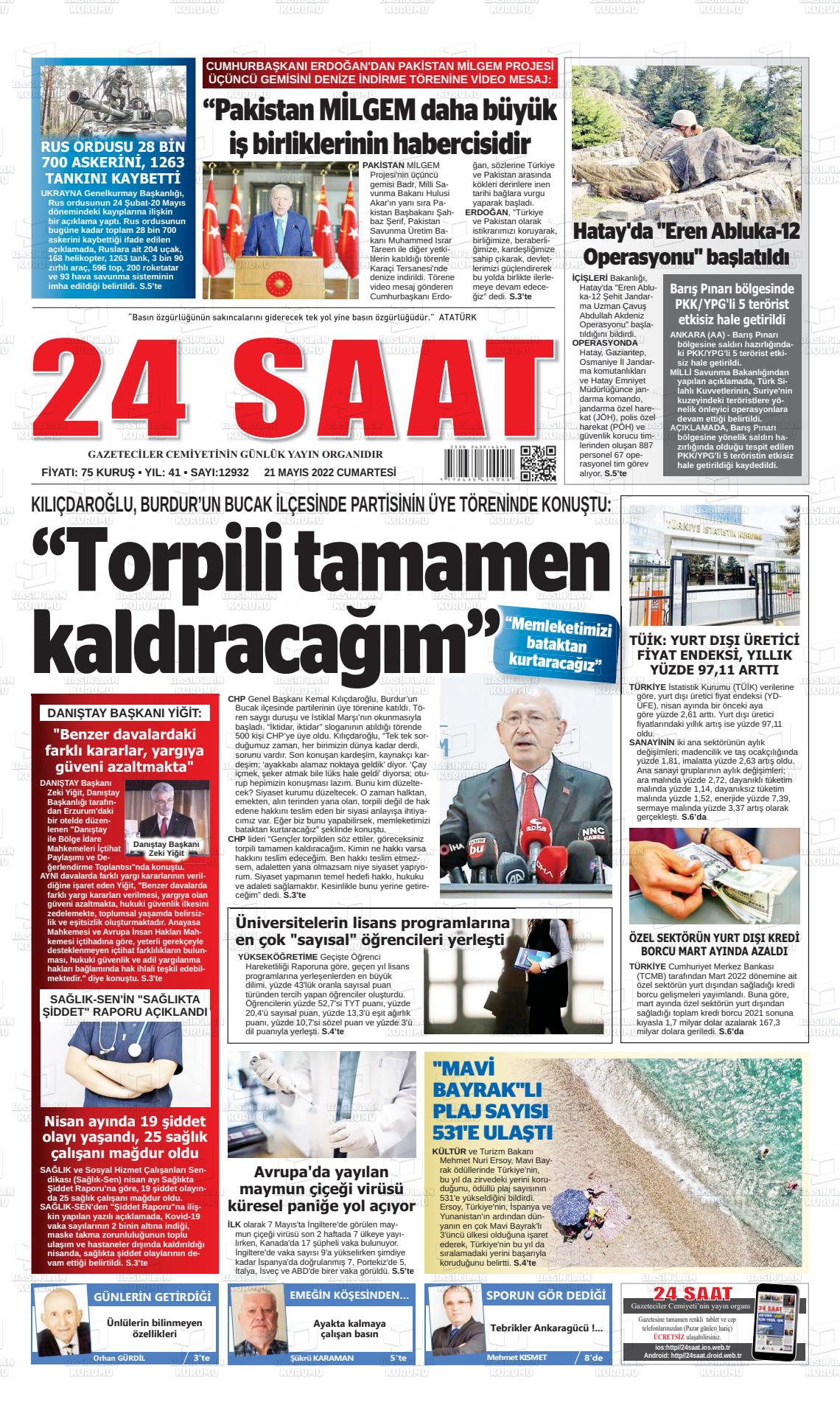 21 Mayıs 2022 24 Saat Gazete Manşeti