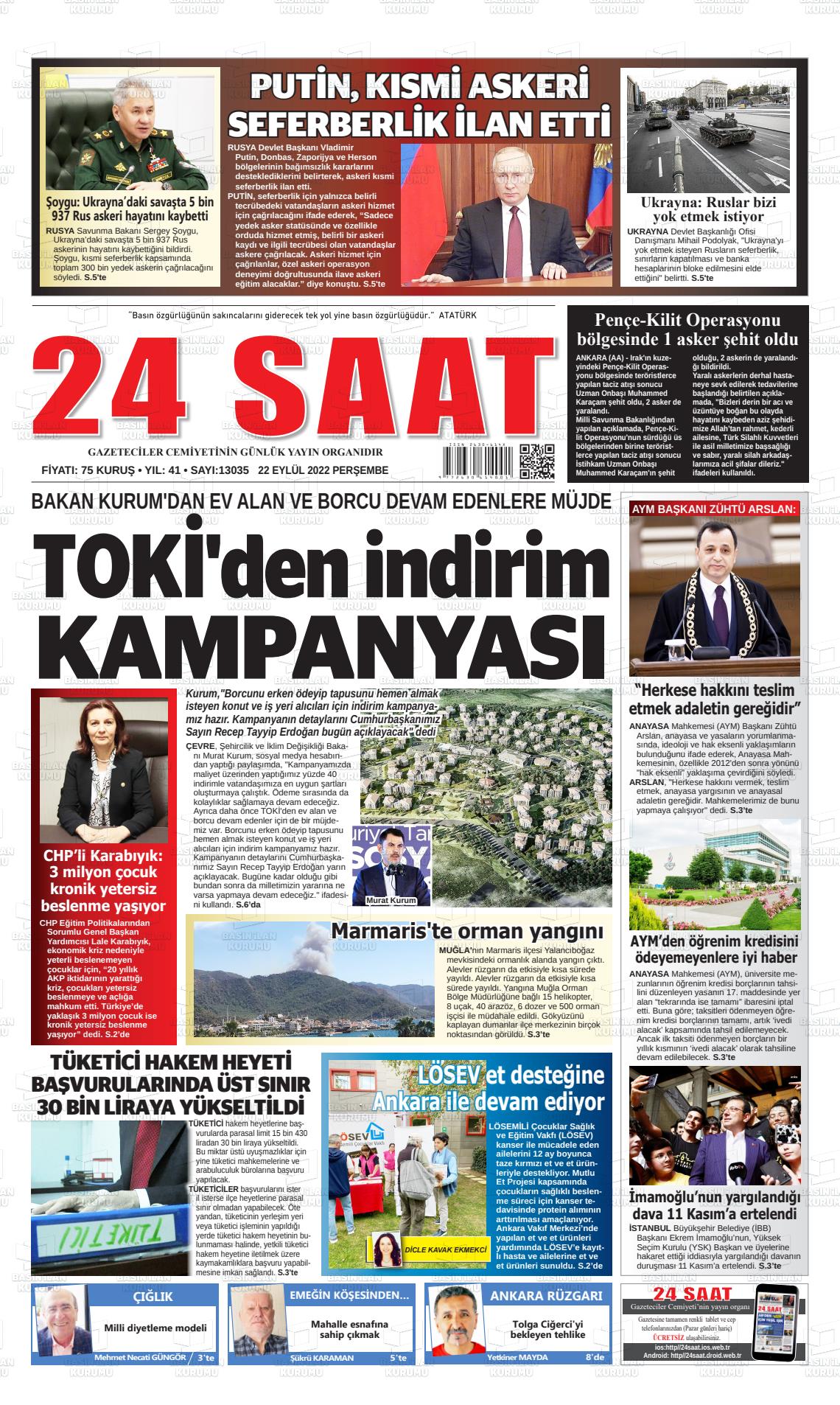 22 Eylül 2022 24 Saat Gazete Manşeti