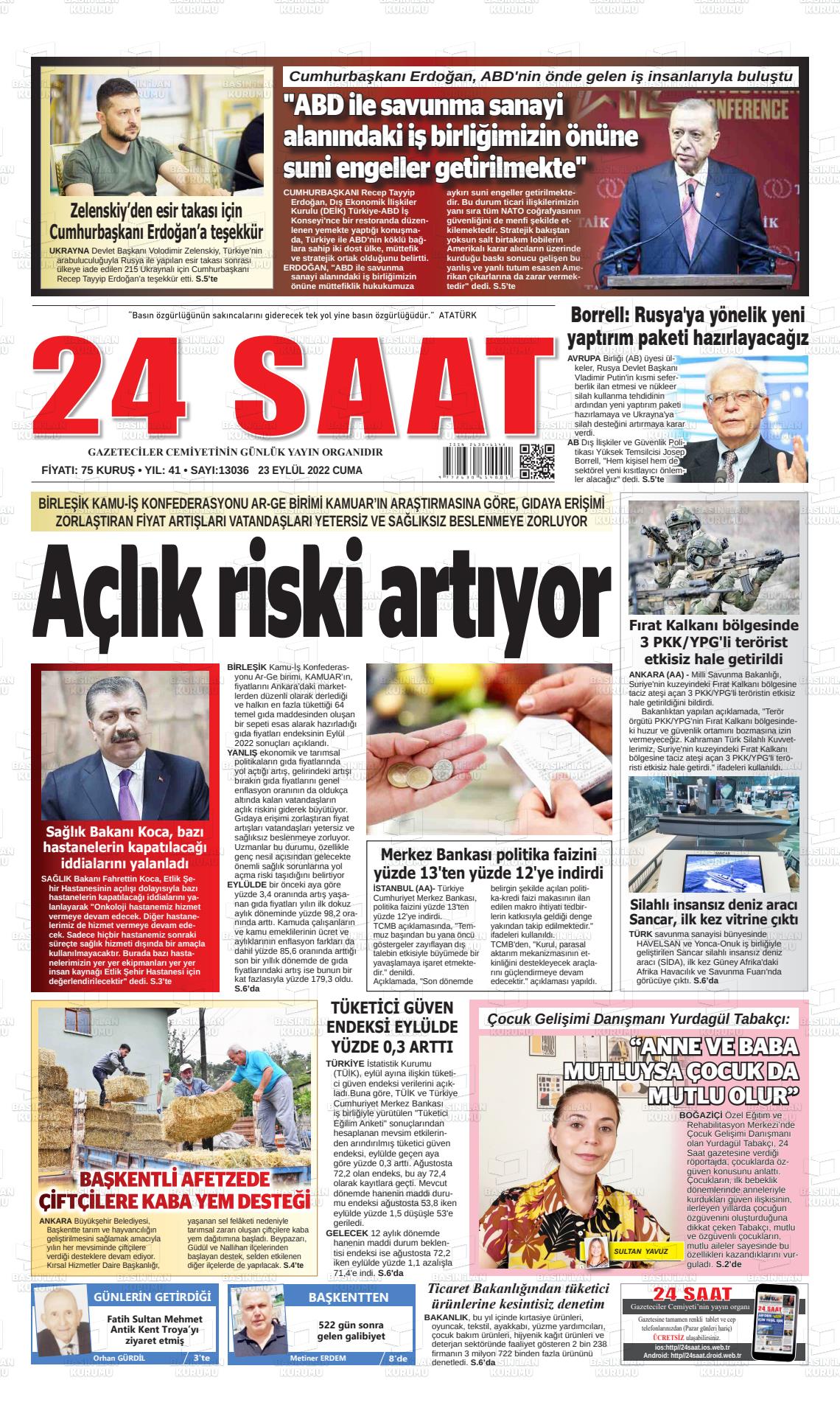 23 Eylül 2022 24 Saat Gazete Manşeti