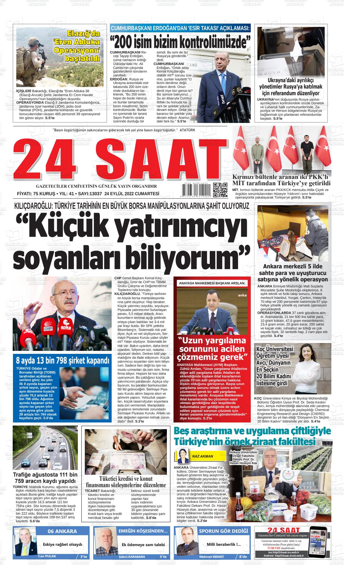 25 Eylül 2022 24 Saat Gazete Manşeti