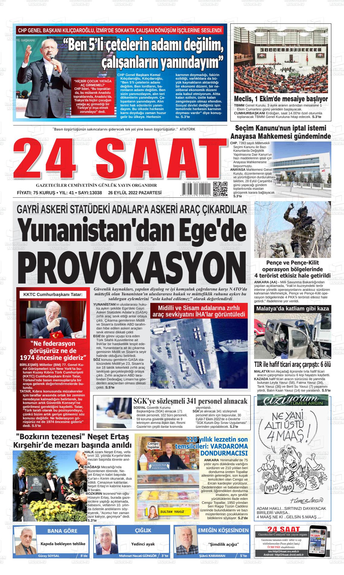 26 Eylül 2022 24 Saat Gazete Manşeti