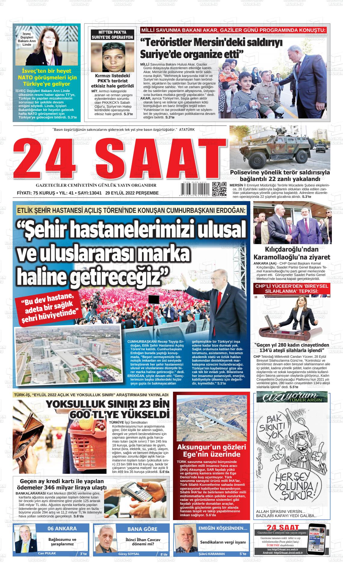 29 Eylül 2022 24 Saat Gazete Manşeti