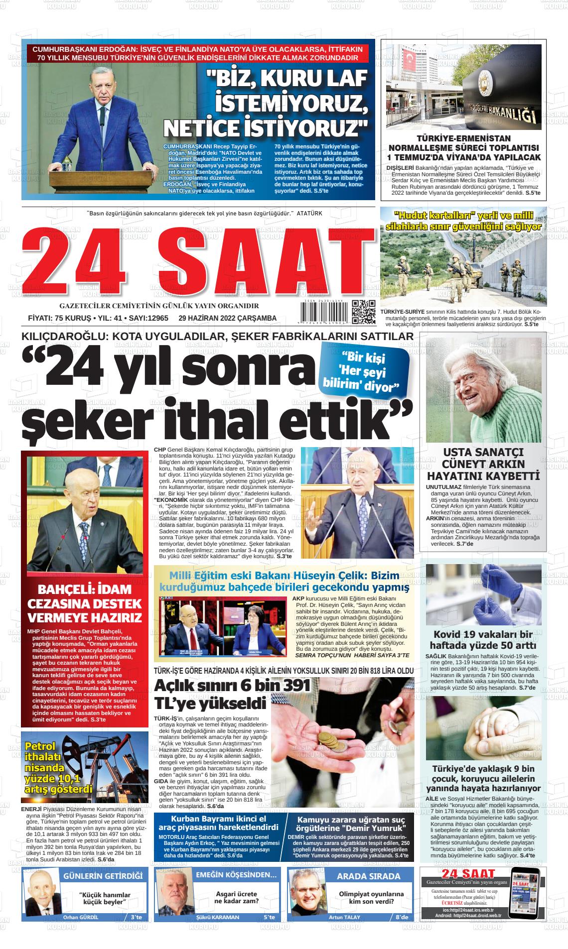 29 Haziran 2022 24 Saat Gazete Manşeti