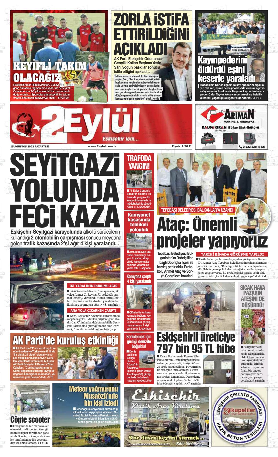 15 Ağustos 2022 İki Eylül Gazete Manşeti