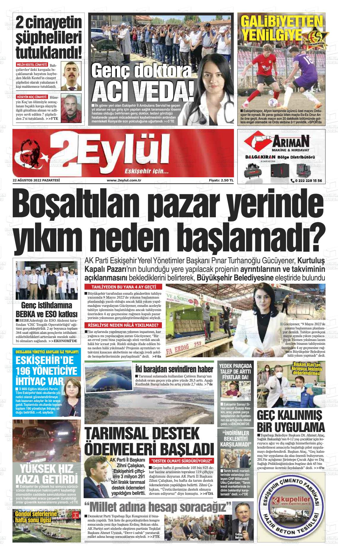 22 Ağustos 2022 İki Eylül Gazete Manşeti