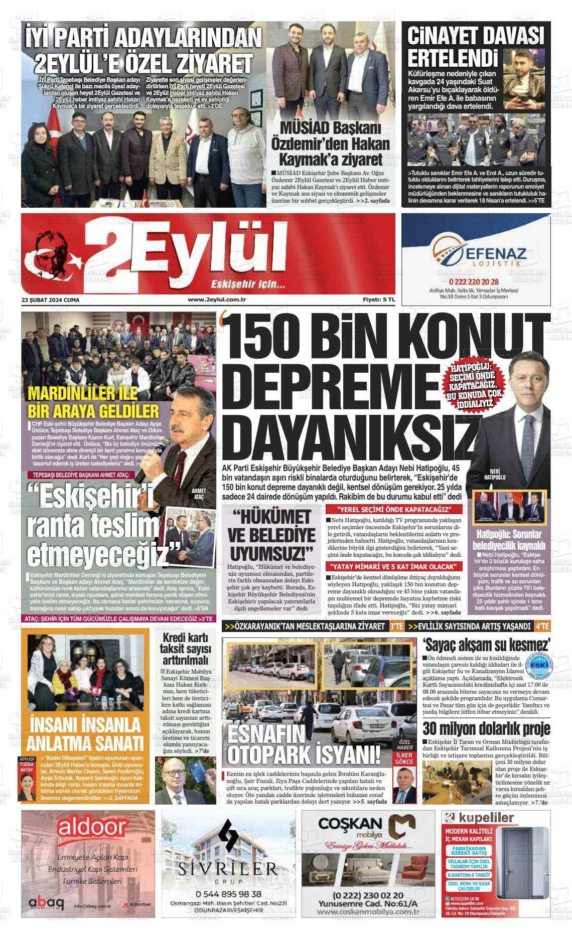 23 Şubat 2024 İki Eylül Gazete Manşeti