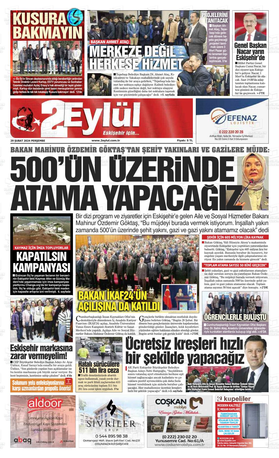 29 Şubat 2024 İki Eylül Gazete Manşeti