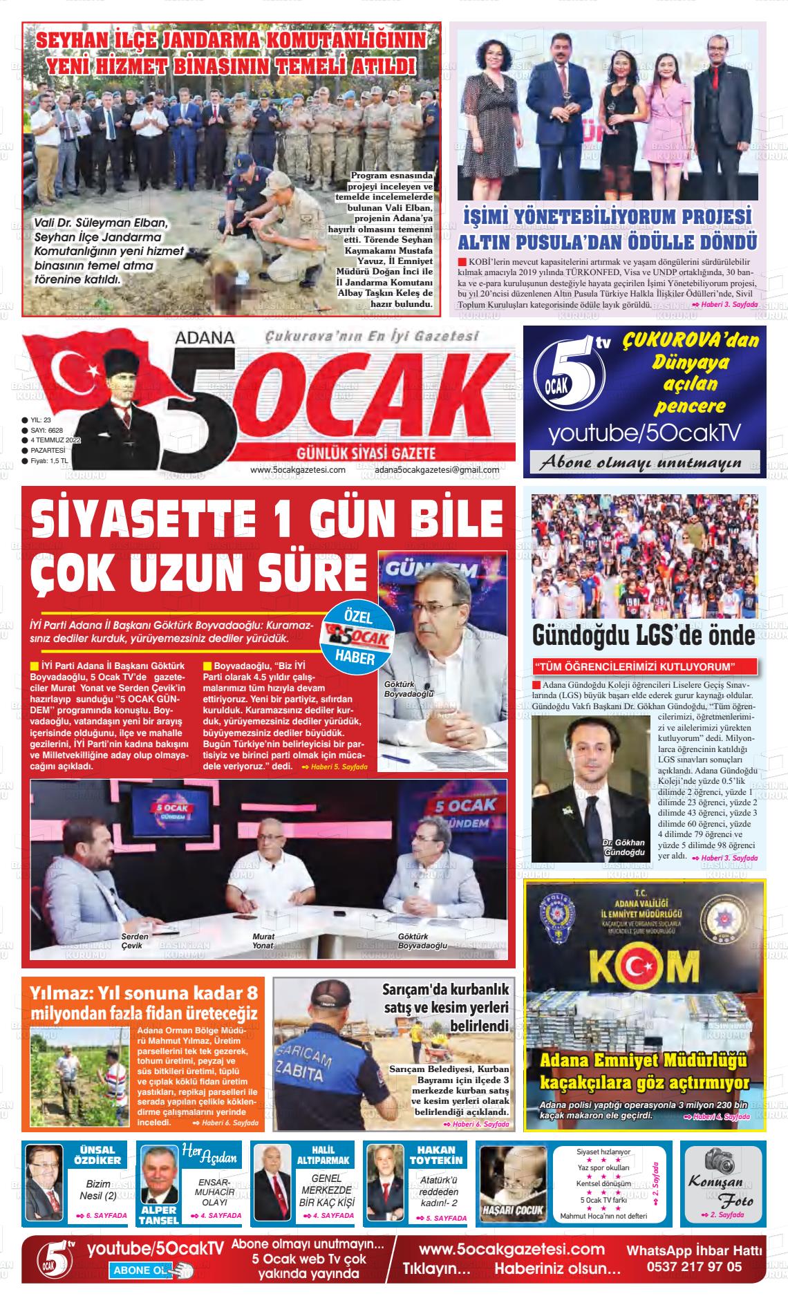 04 Temmuz 2022 Adana 5 Ocak Gazete Manşeti