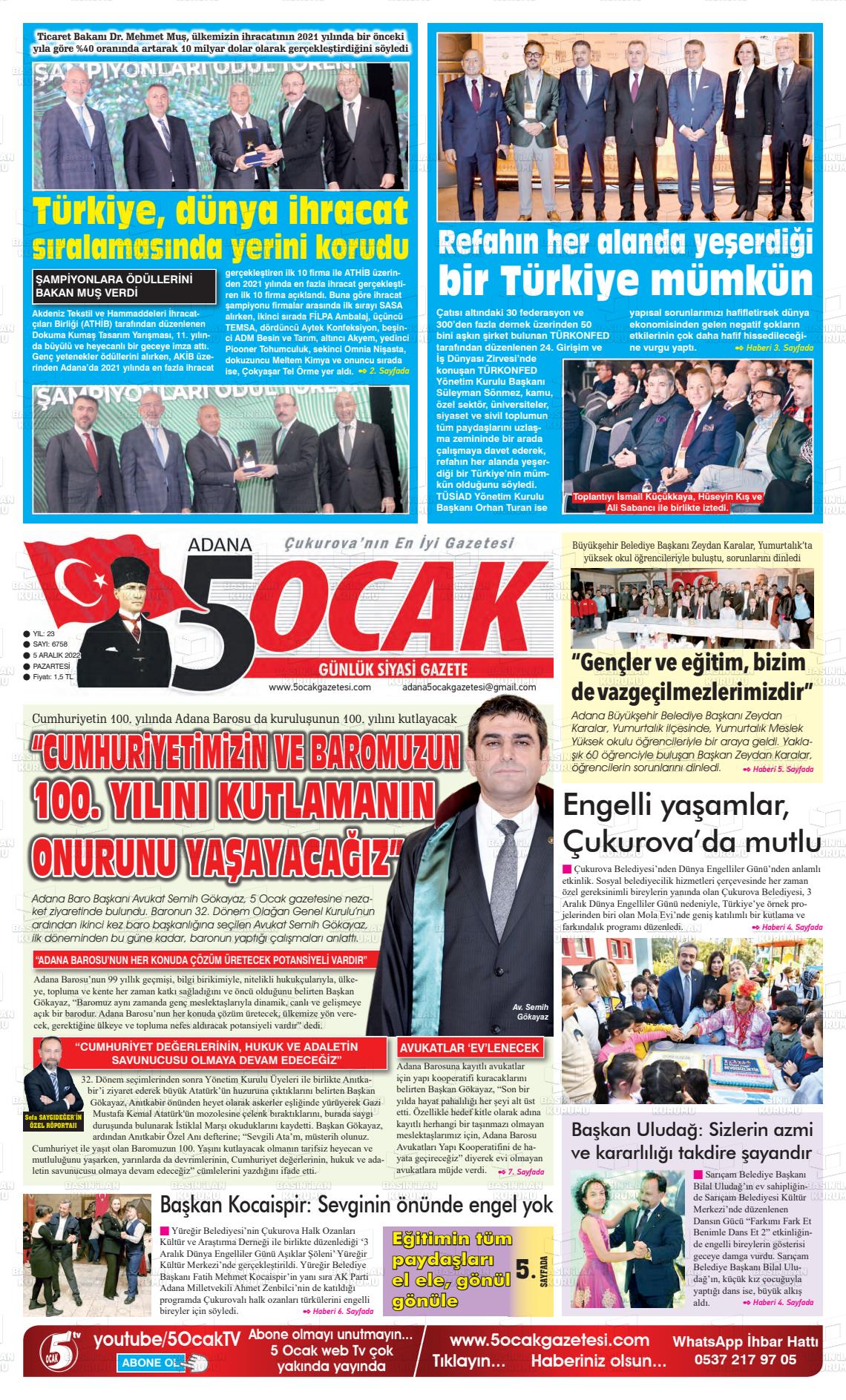 05 Aralık 2022 Adana 5 Ocak Gazete Manşeti