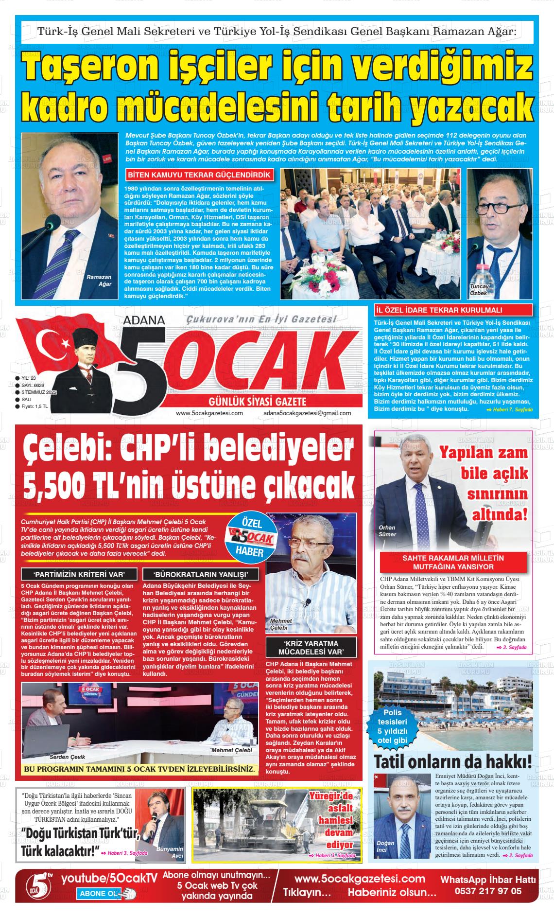 05 Temmuz 2022 Adana 5 Ocak Gazete Manşeti