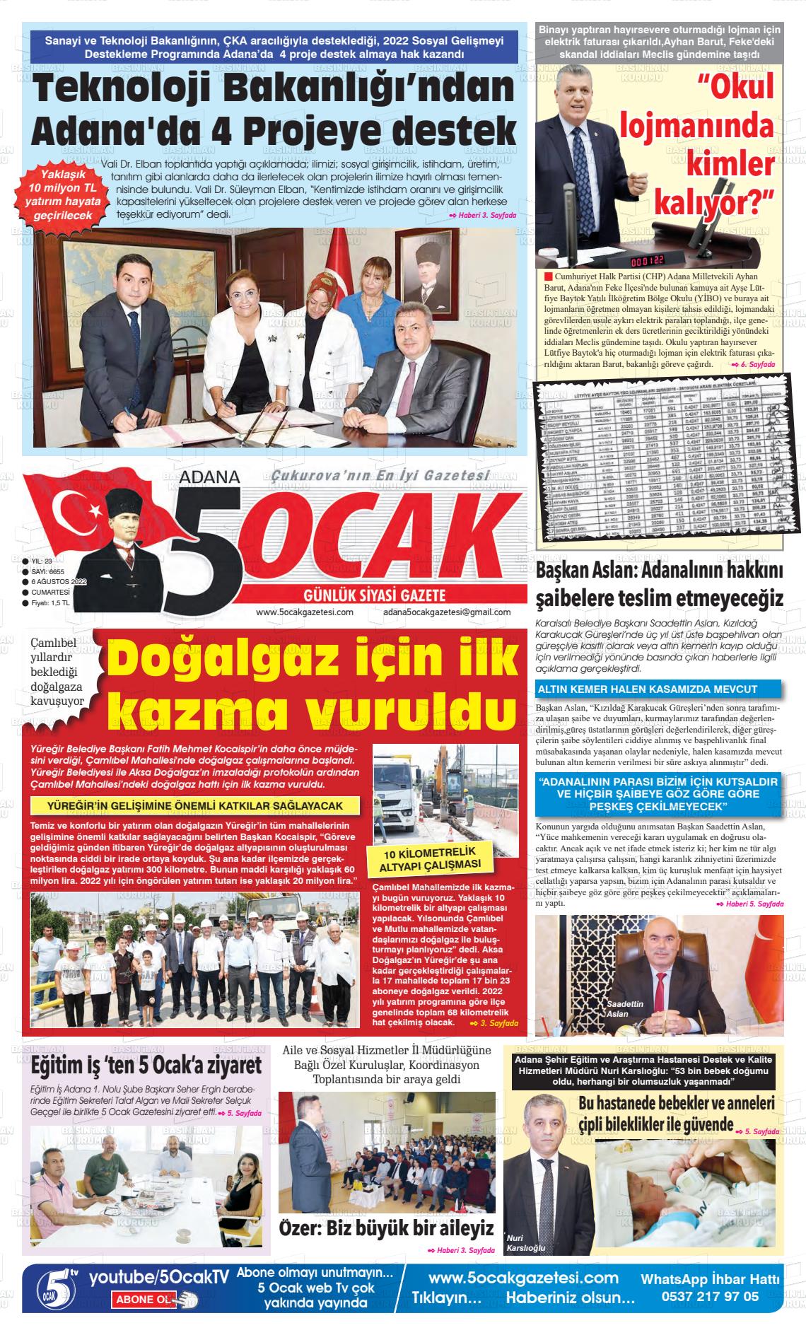 06 Ağustos 2022 Adana 5 Ocak Gazete Manşeti