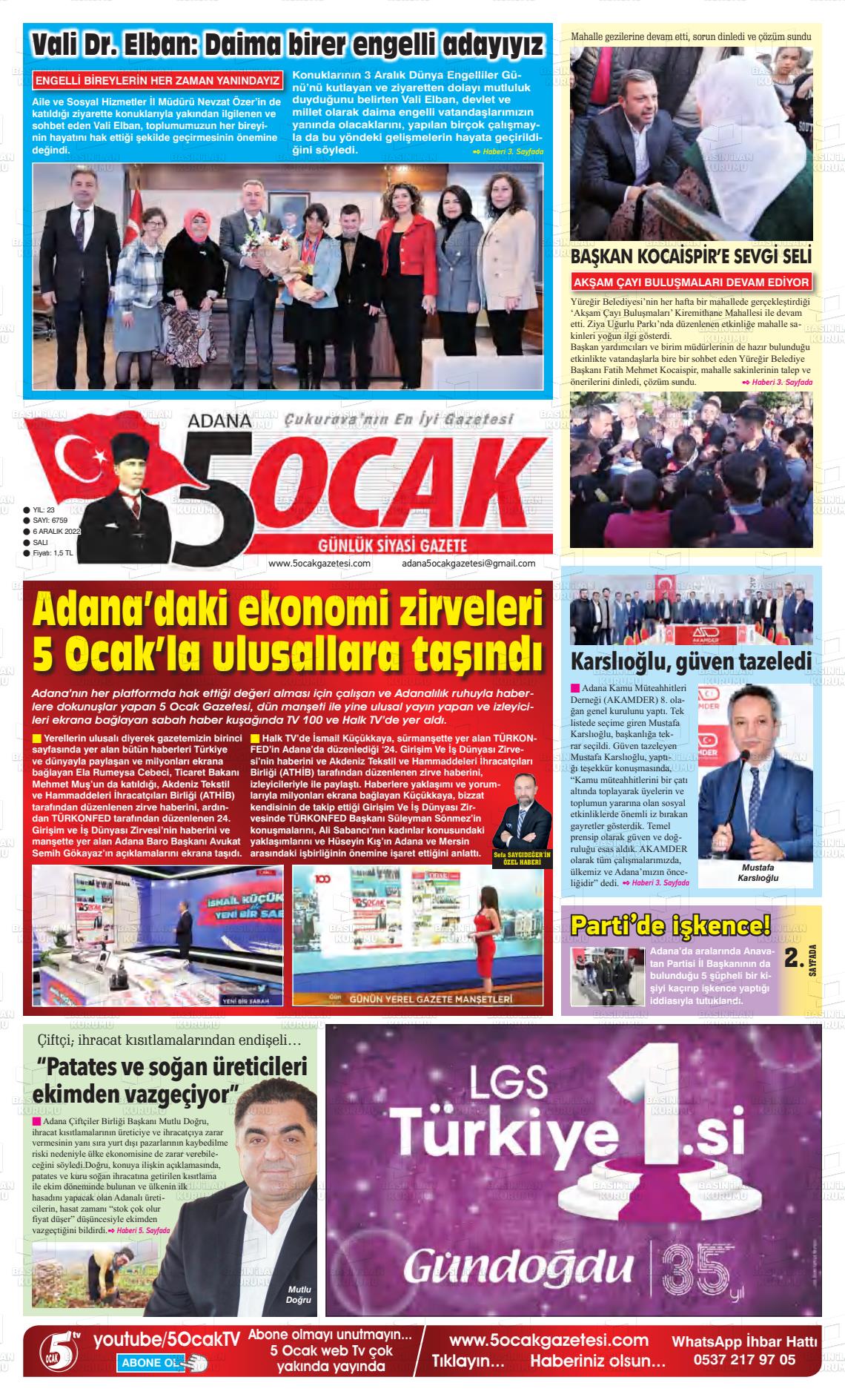 06 Aralık 2022 Adana 5 Ocak Gazete Manşeti