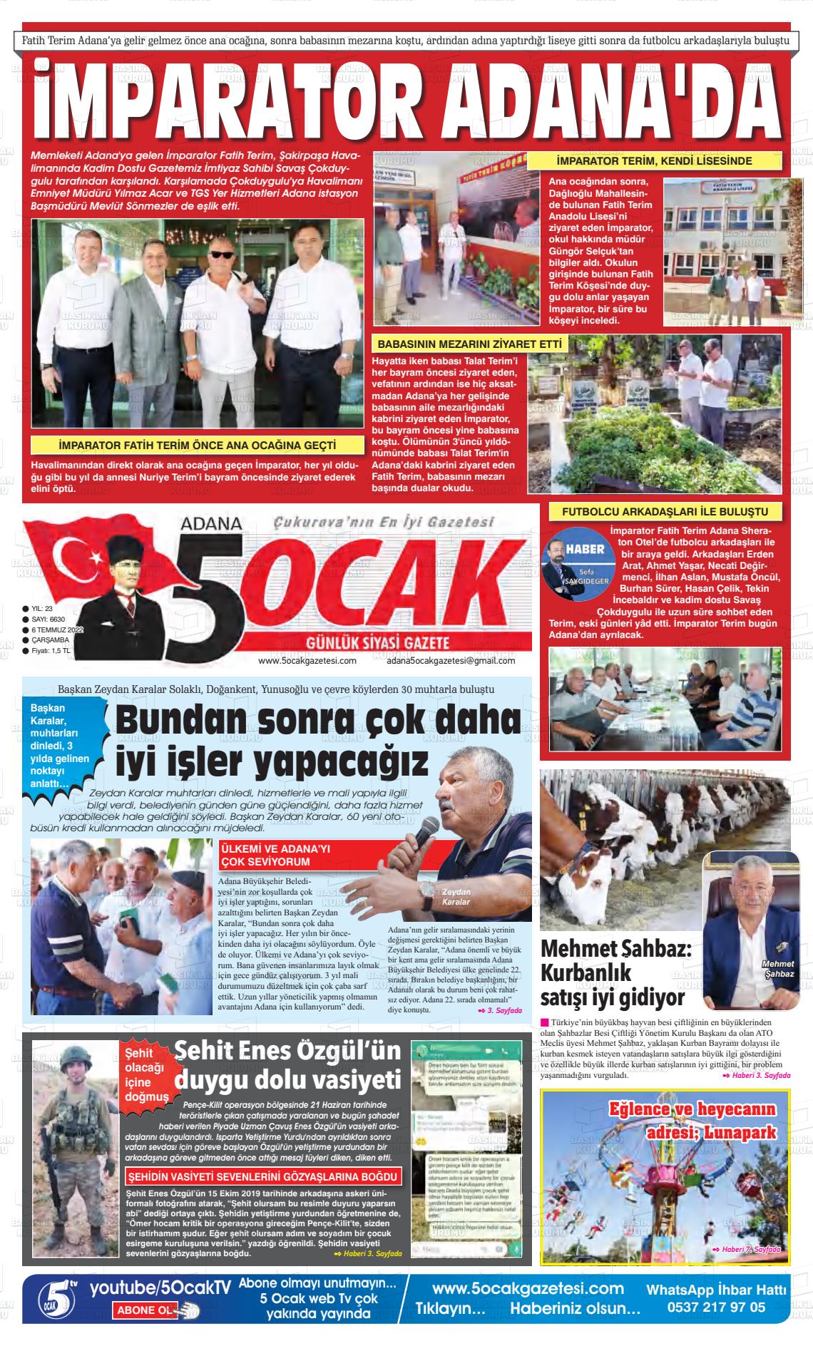 06 Temmuz 2022 Adana 5 Ocak Gazete Manşeti