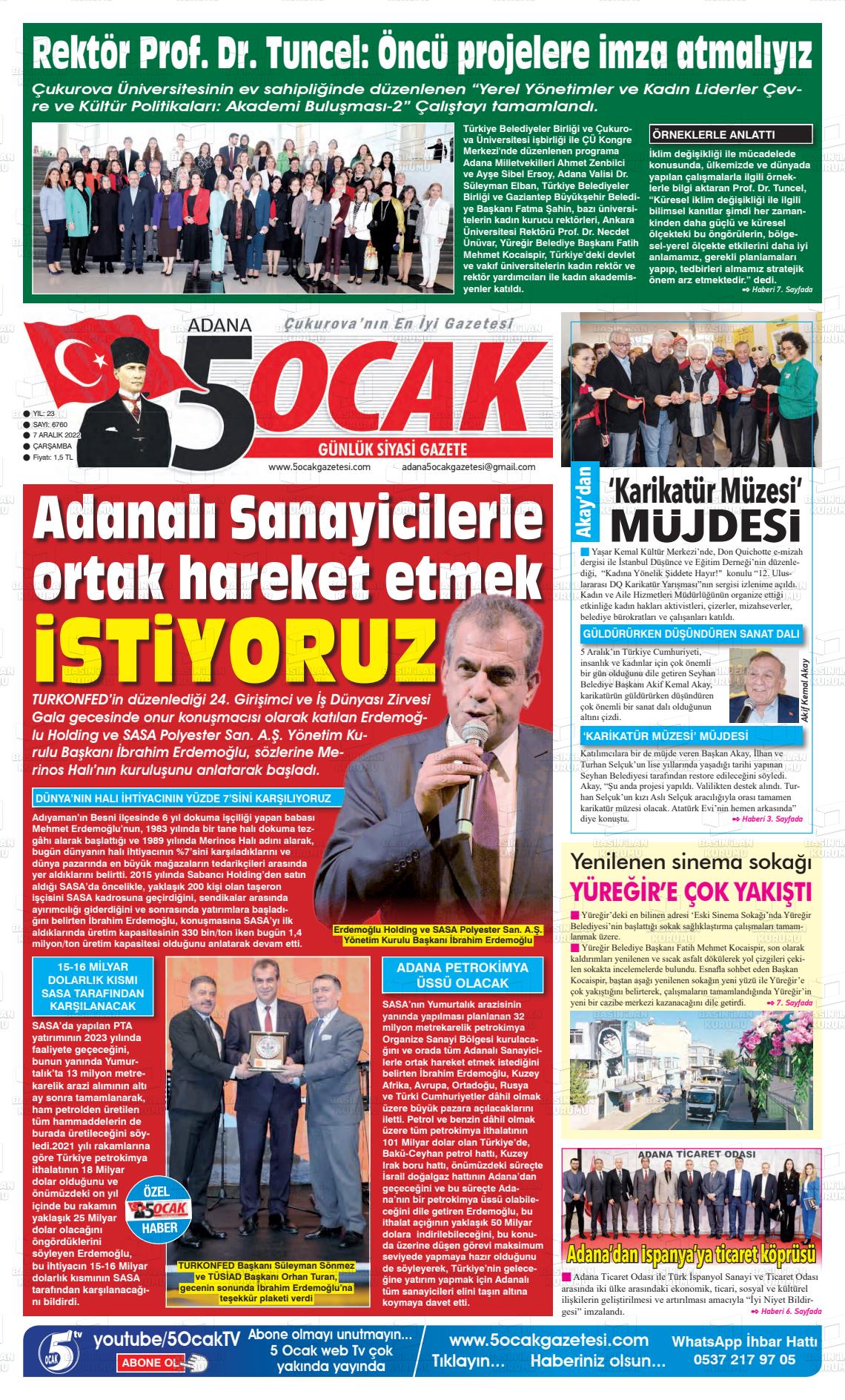 07 Aralık 2022 Adana 5 Ocak Gazete Manşeti