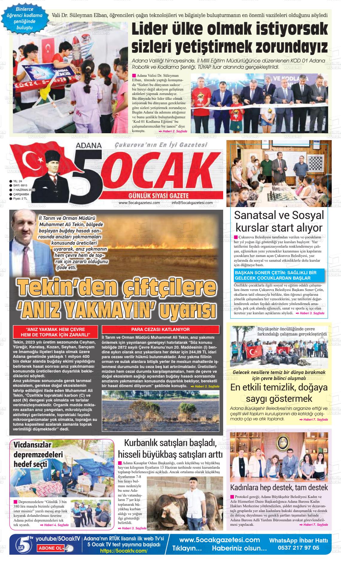 07 Haziran 2023 Adana 5 Ocak Gazete Manşeti