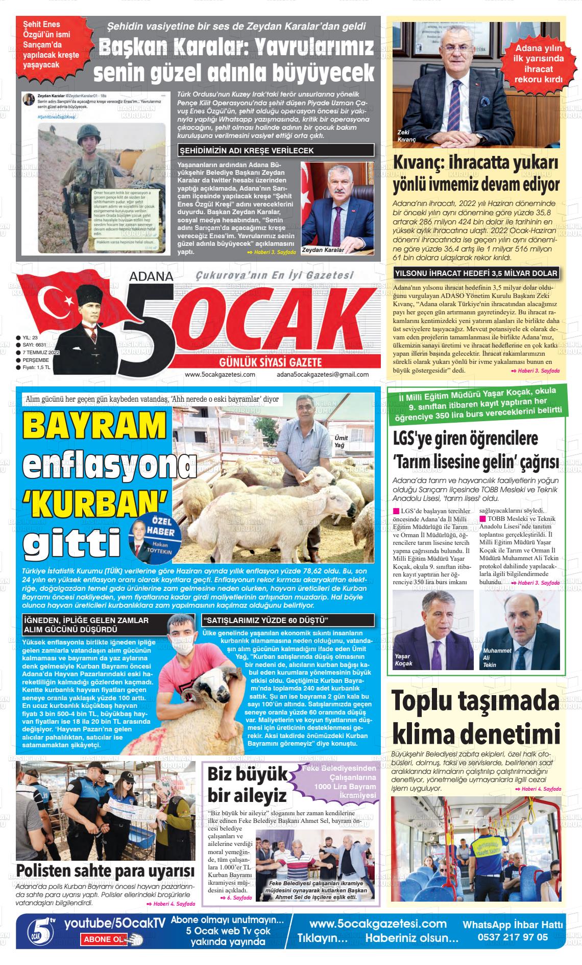 07 Temmuz 2022 Adana 5 Ocak Gazete Manşeti