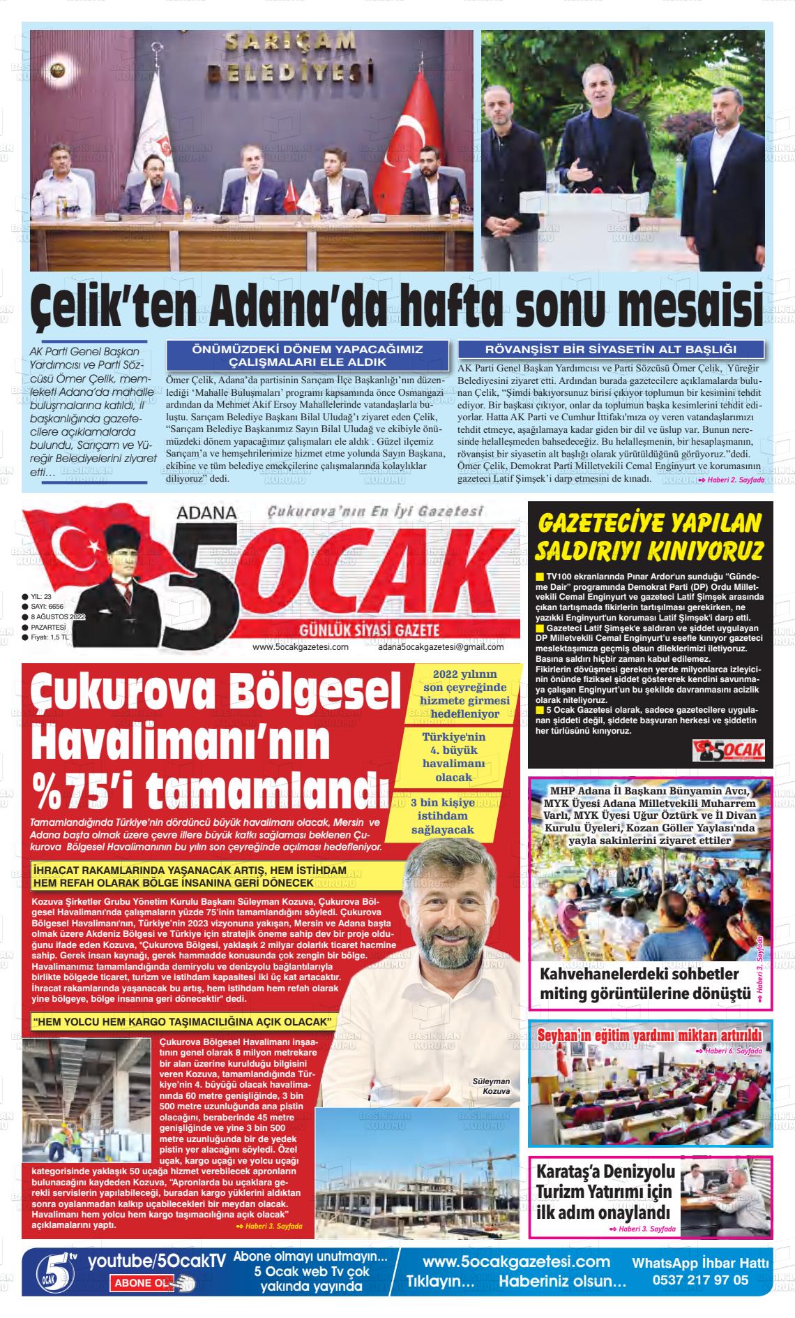08 Ağustos 2022 Adana 5 Ocak Gazete Manşeti