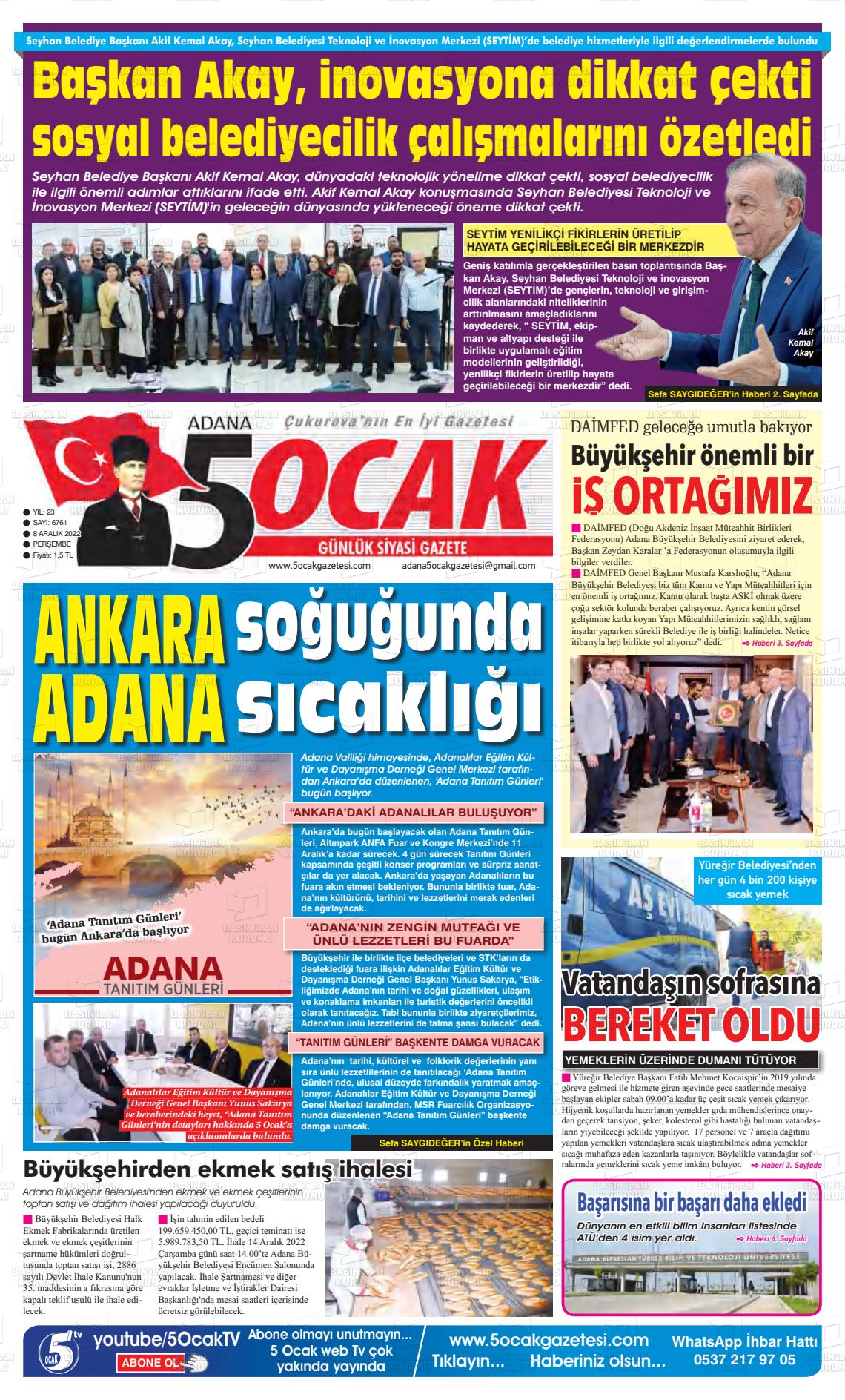 08 Aralık 2022 Adana 5 Ocak Gazete Manşeti