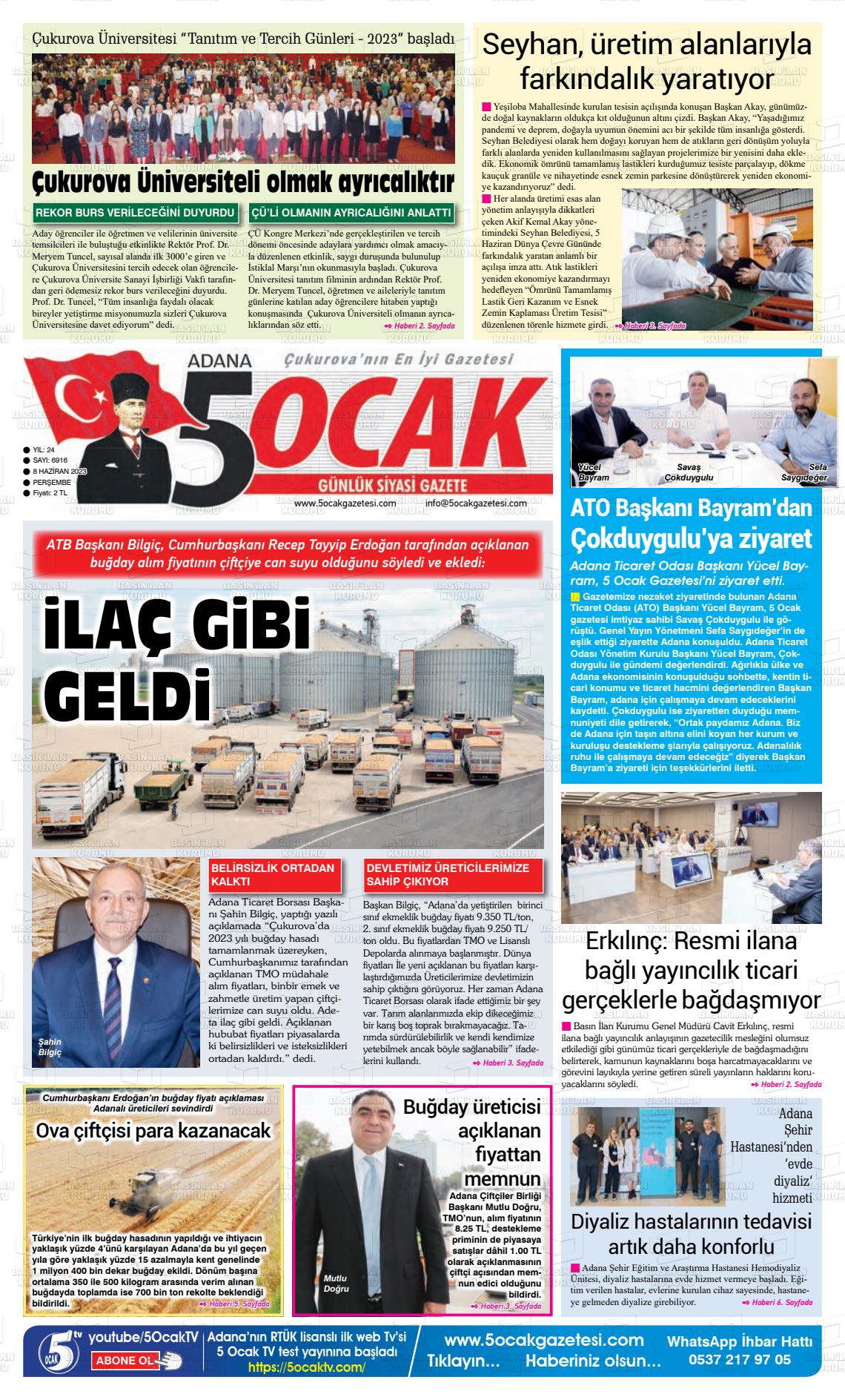 08 Haziran 2023 Adana 5 Ocak Gazete Manşeti