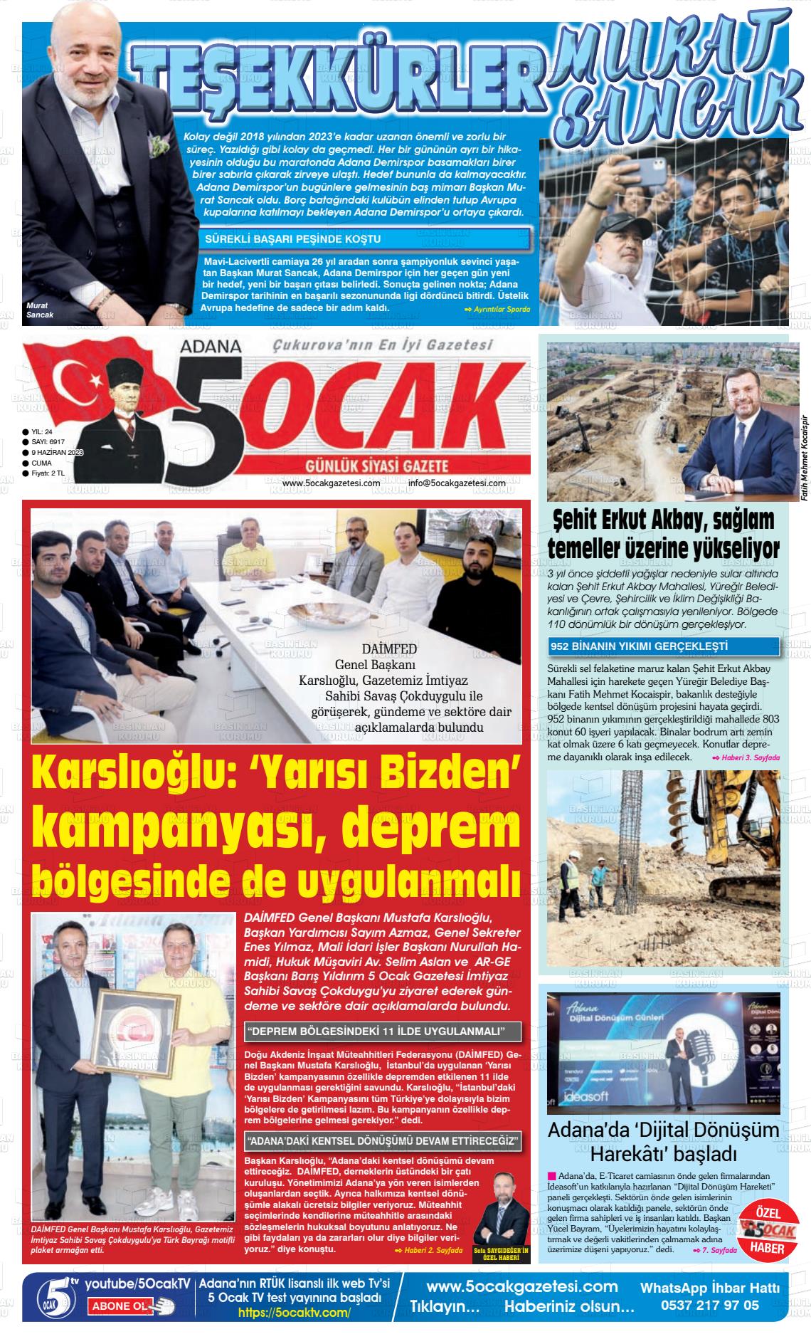 10 Haziran 2023 Adana 5 Ocak Gazete Manşeti