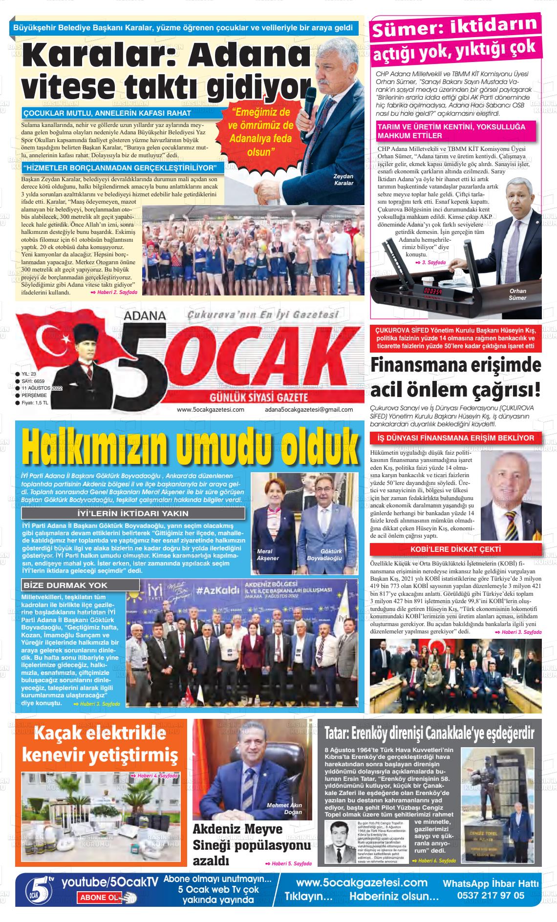 11 Ağustos 2022 Adana 5 Ocak Gazete Manşeti