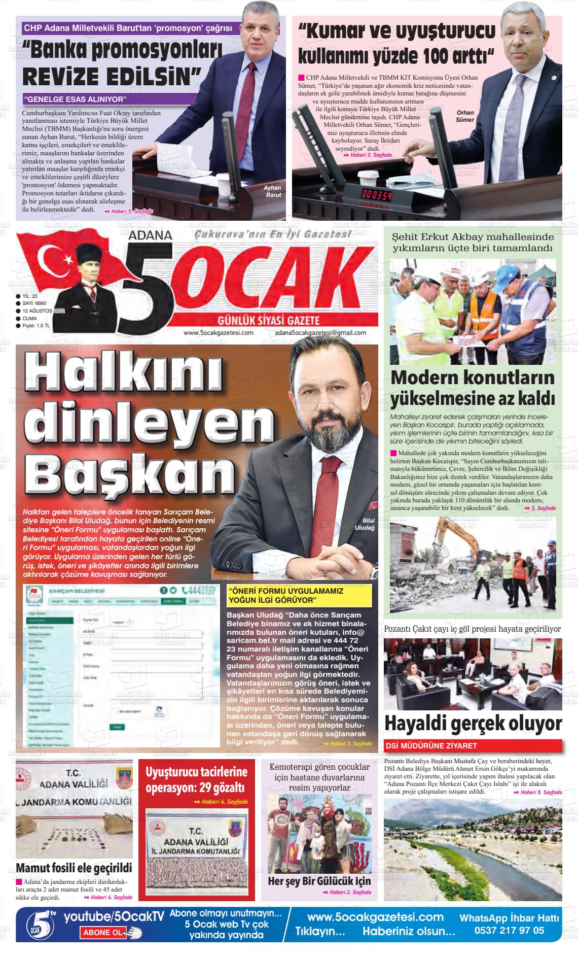 12 Ağustos 2022 Adana 5 Ocak Gazete Manşeti