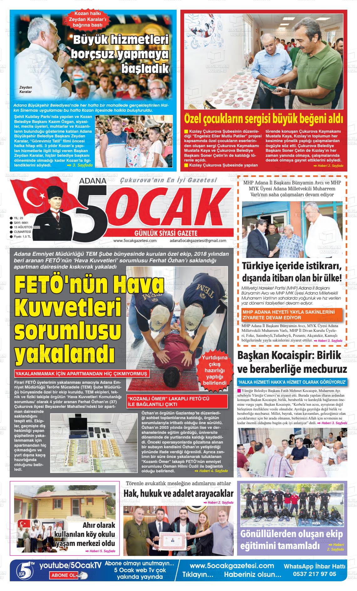 13 Ağustos 2022 Adana 5 Ocak Gazete Manşeti