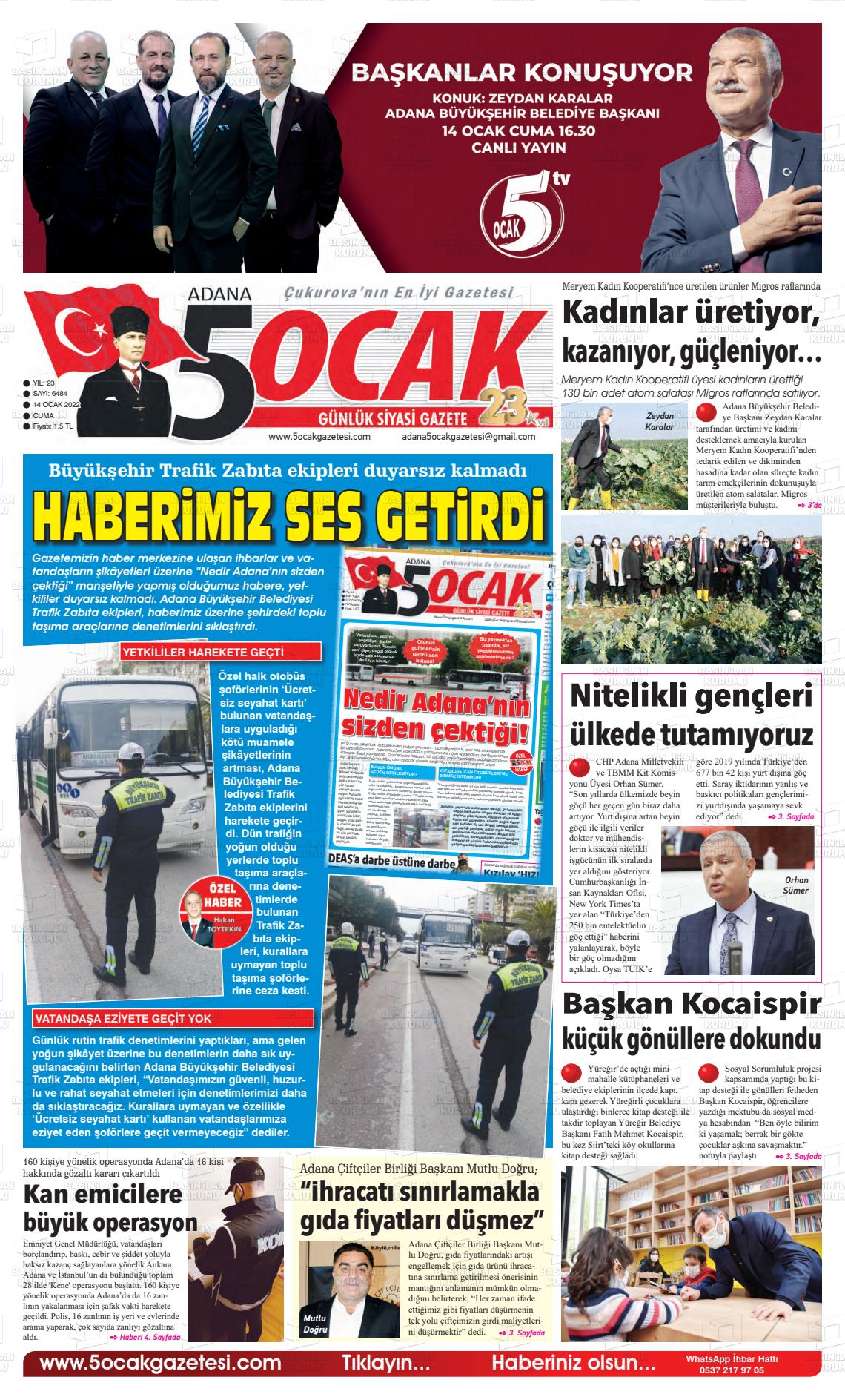 14 Ocak 2022 Adana 5 Ocak Gazete Manşeti
