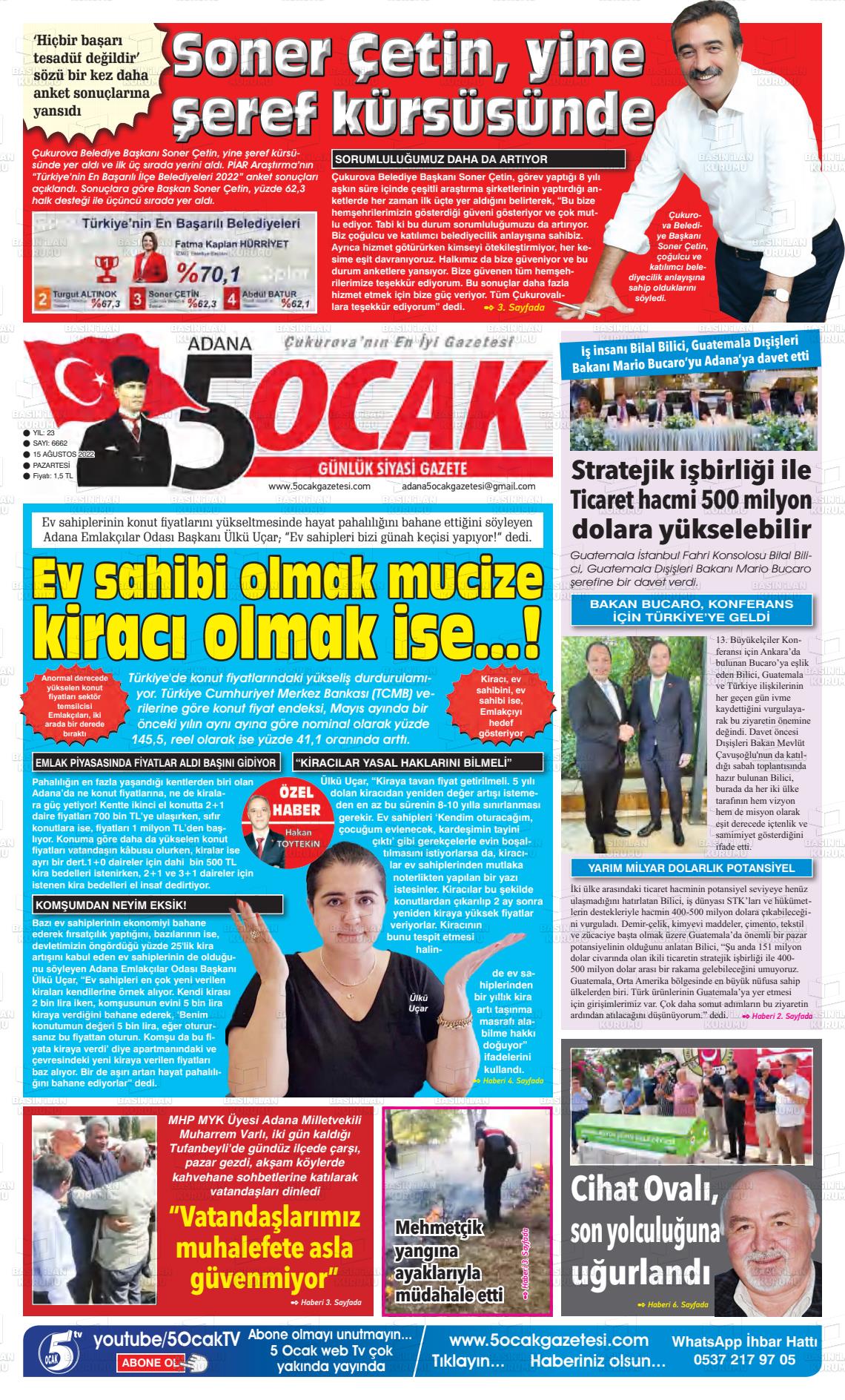 15 Ağustos 2022 Adana 5 Ocak Gazete Manşeti
