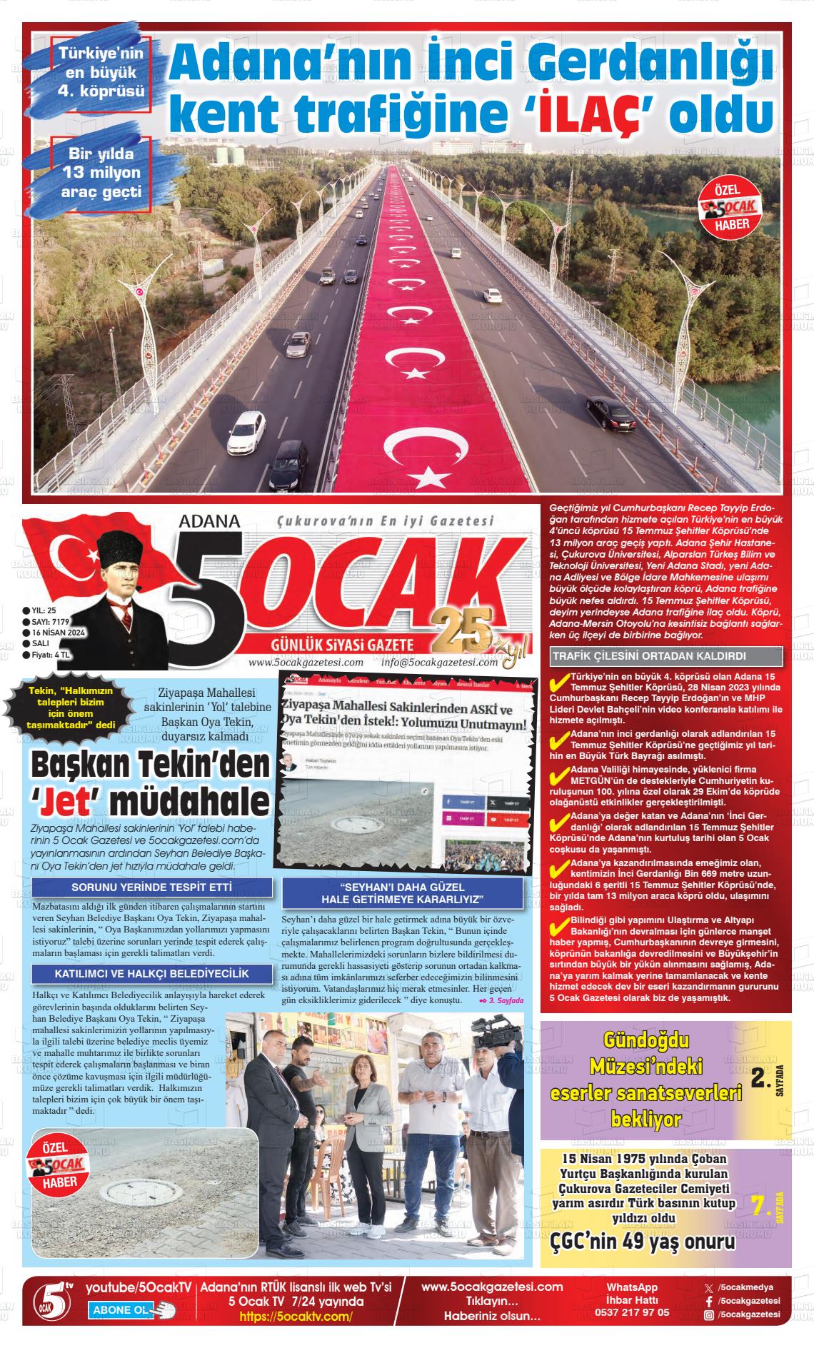 17 Nisan 2024 Adana 5 Ocak Gazete Manşeti