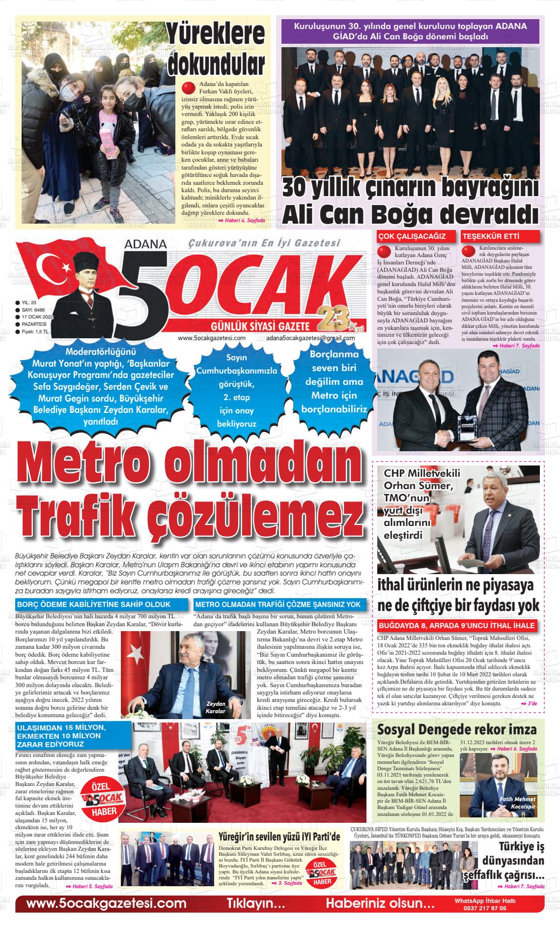 17 Ocak 2022 Adana 5 Ocak Gazete Manşeti