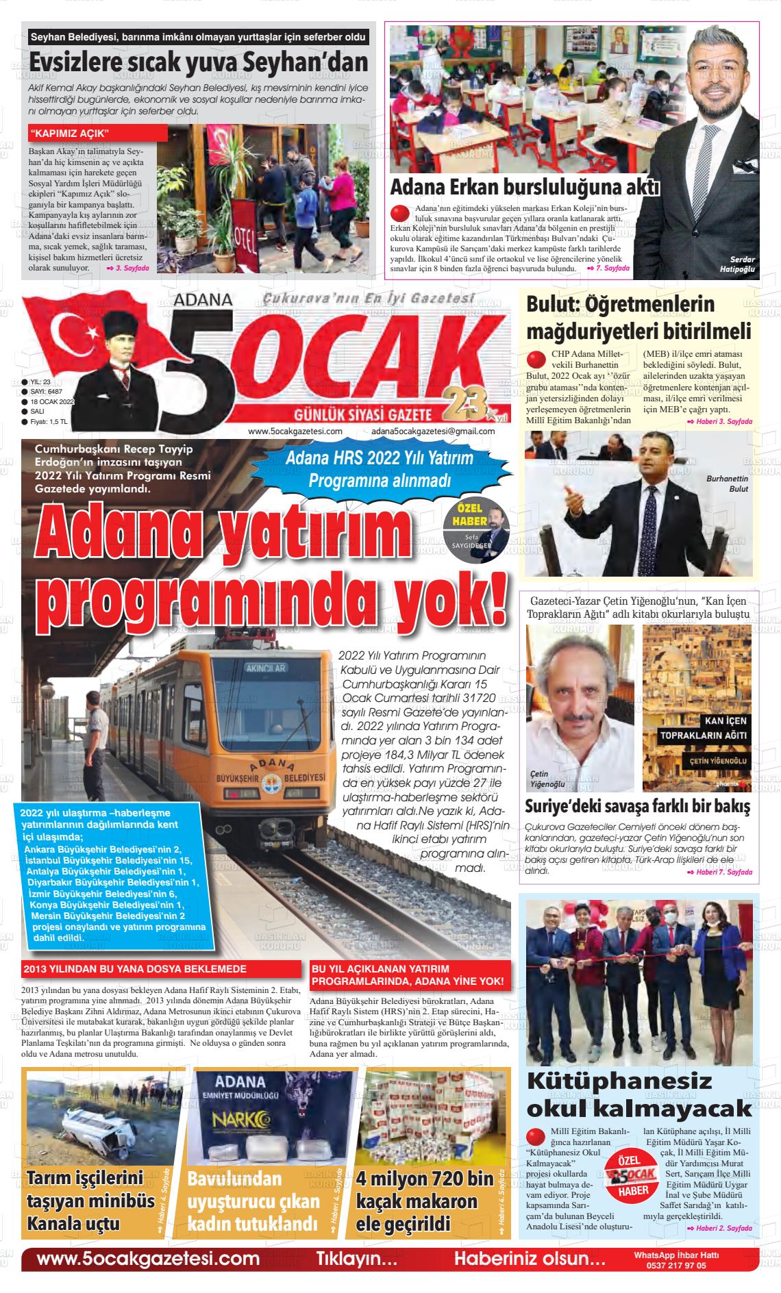 18 Ocak 2022 Adana 5 Ocak Gazete Manşeti