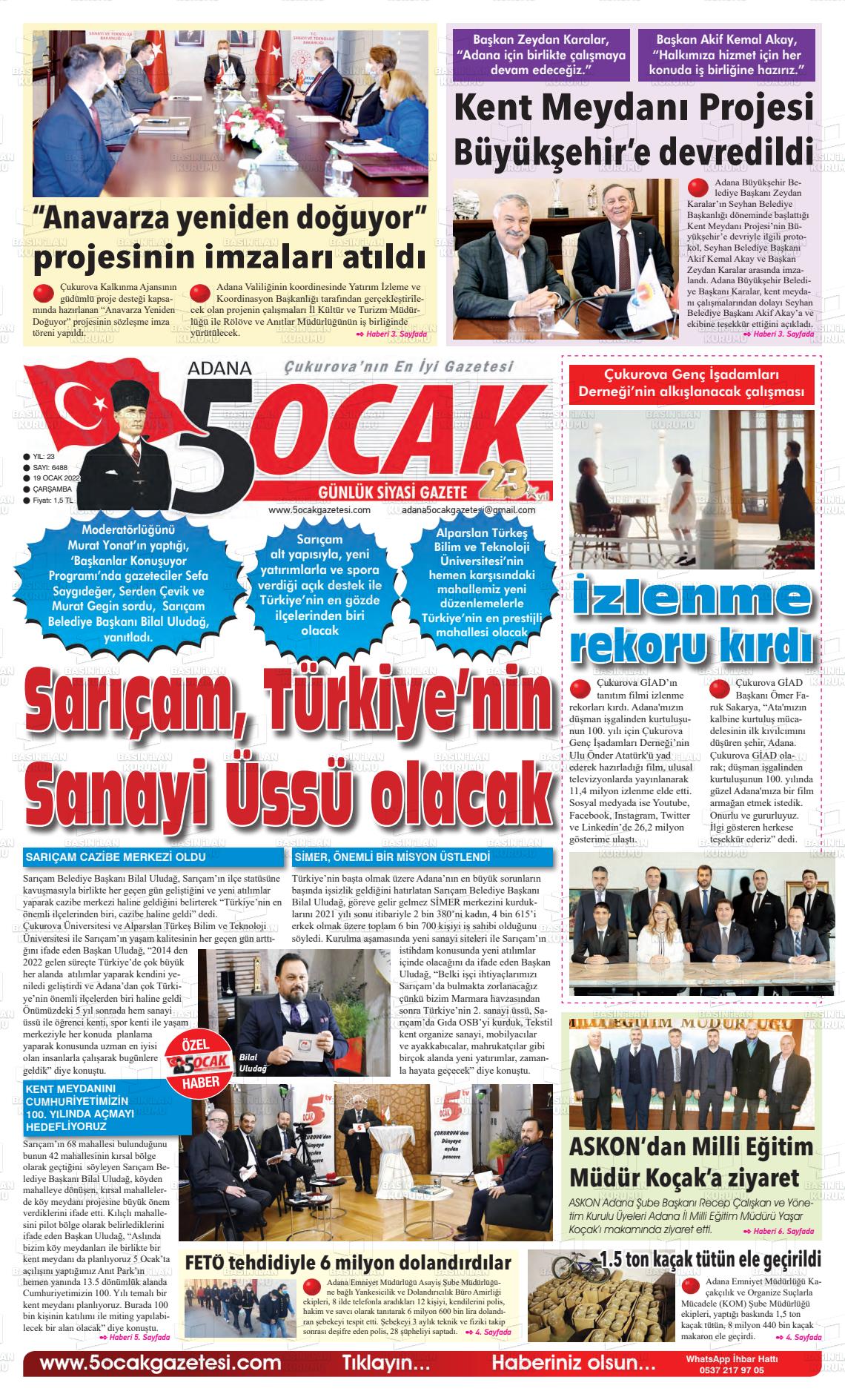 19 Ocak 2022 Adana 5 Ocak Gazete Manşeti