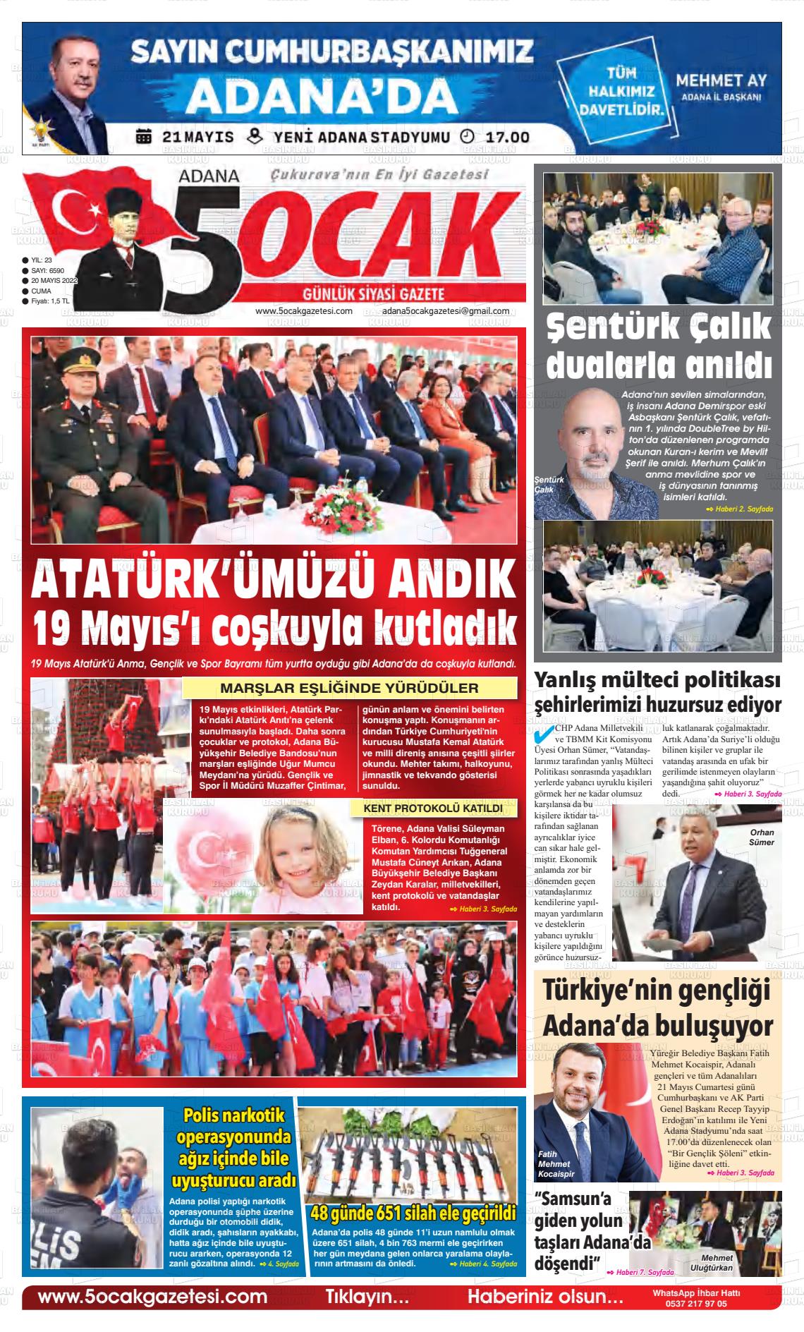 20 Mayıs 2022 Adana 5 Ocak Gazete Manşeti