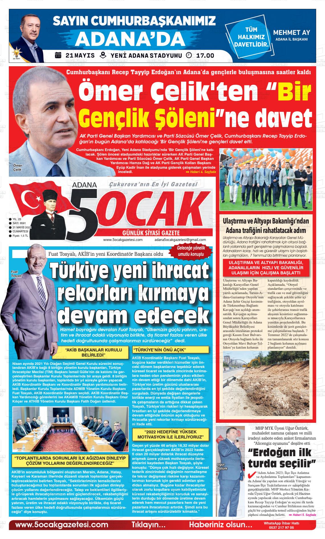 21 Mayıs 2022 Adana 5 Ocak Gazete Manşeti